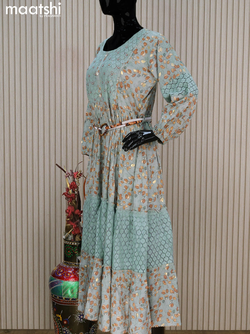 Rayon readymade umbrella kurti greyish blue with allover prints & beaded lace work neck pattern without pant