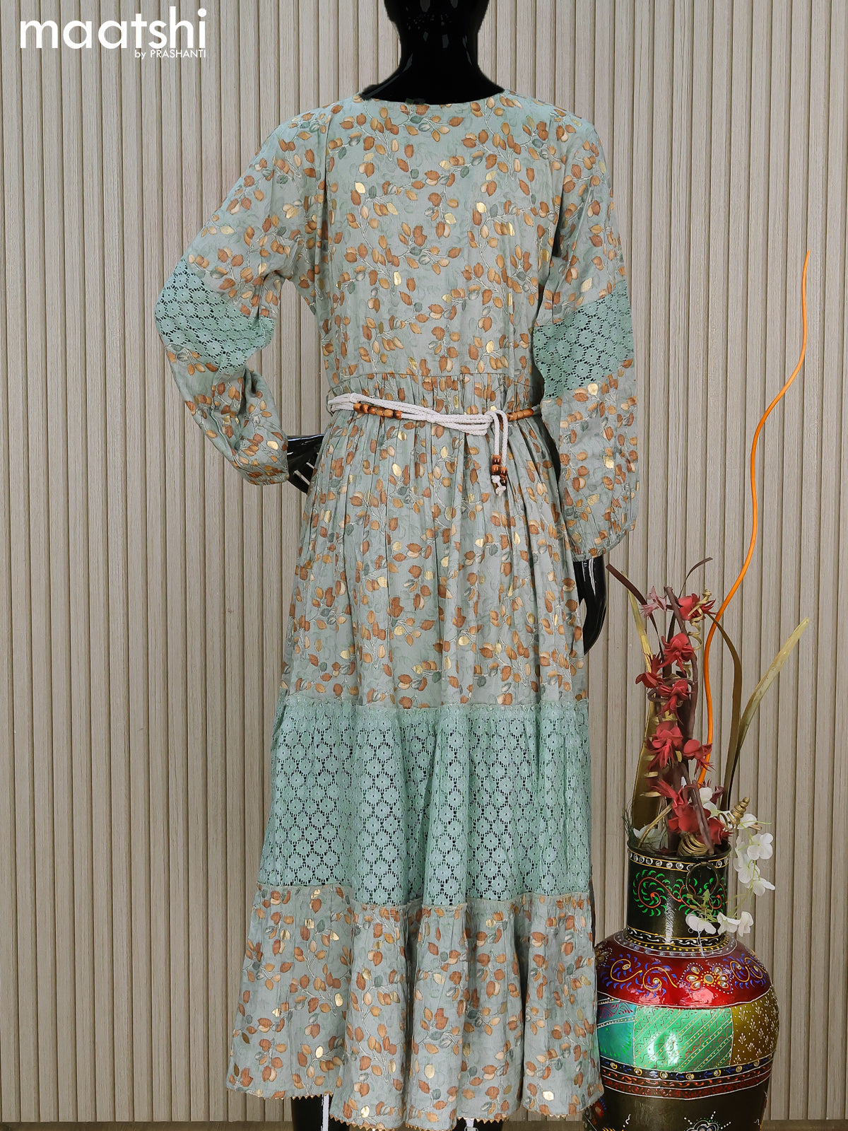 Rayon readymade umbrella kurti greyish blue with allover prints & beaded lace work neck pattern without pant