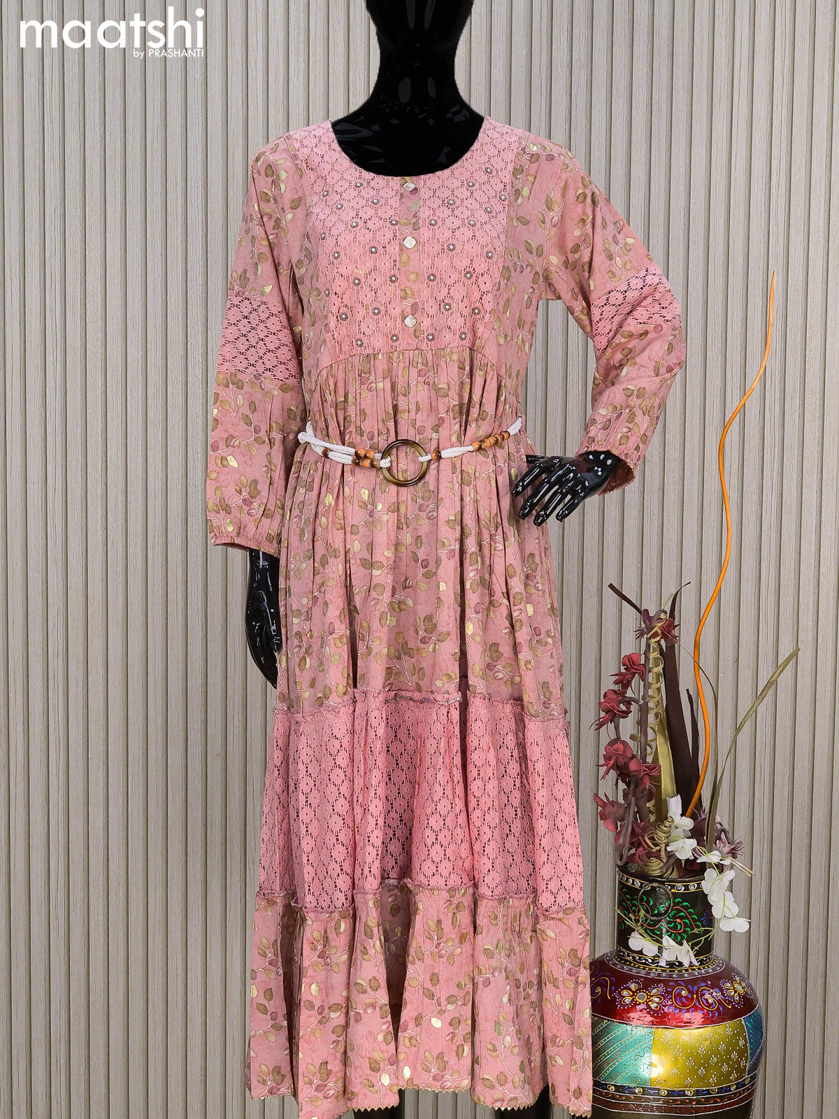Rayon readymade umbrella kurti peach pink with allover prints & beaded lace work neck pattern without pant