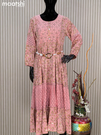 Rayon readymade umbrella kurti peach pink with allover prints & beaded lace work neck pattern without pant