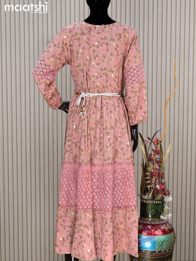 Rayon readymade umbrella kurti peach pink with allover prints & beaded lace work neck pattern without pant