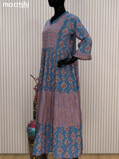 Cotton readymade umbrella kurti indigo blue with allover prints & beaded sequin work neck pattern without pant