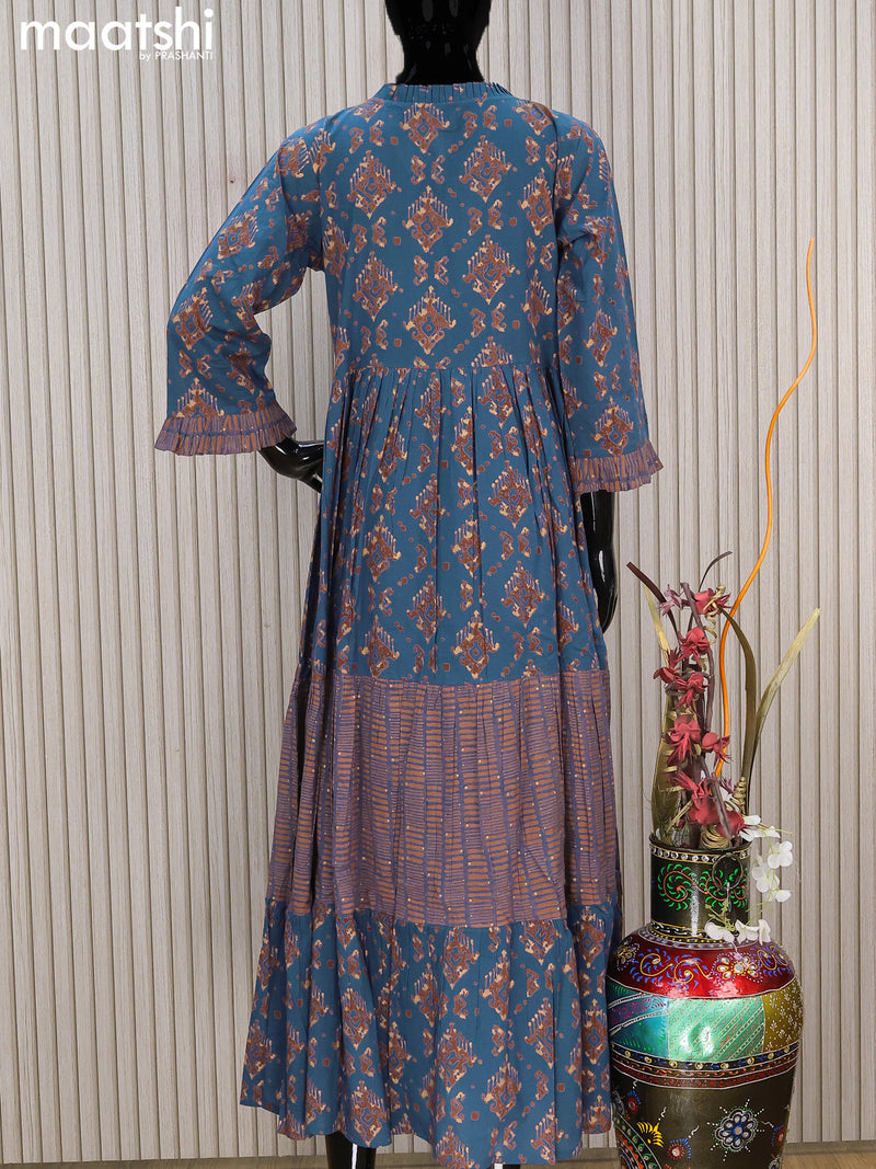 Cotton readymade umbrella kurti indigo blue with allover prints & beaded sequin work neck pattern without pant