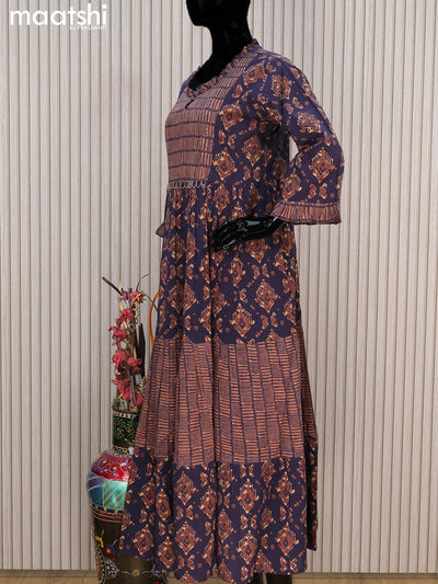 Cotton readymade umbrella kurti navy blue with allover prints & beaded sequin work neck pattern without pant