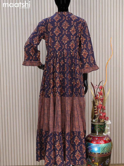 Cotton readymade umbrella kurti navy blue with allover prints & beaded sequin work neck pattern without pant
