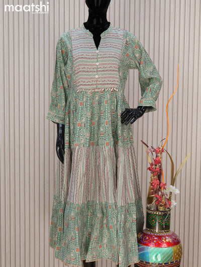 Modal readymade umbrella kurti pastel green with allover prints & beaded work neck pattern without pant