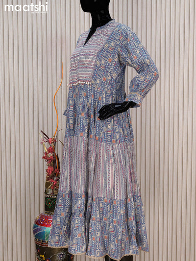 Modal readymade umbrella kurti pastel blue with allover prints & beaded work neck pattern without pant