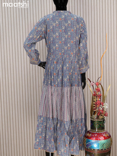 Modal readymade umbrella kurti pastel blue with allover prints & beaded work neck pattern without pant