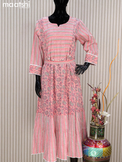 Cotton readymade umbrella kurti peach shade with allover prints & sequin work neck pattern without pant