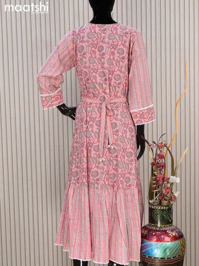 Cotton readymade umbrella kurti peach shade with allover prints & sequin work neck pattern without pant