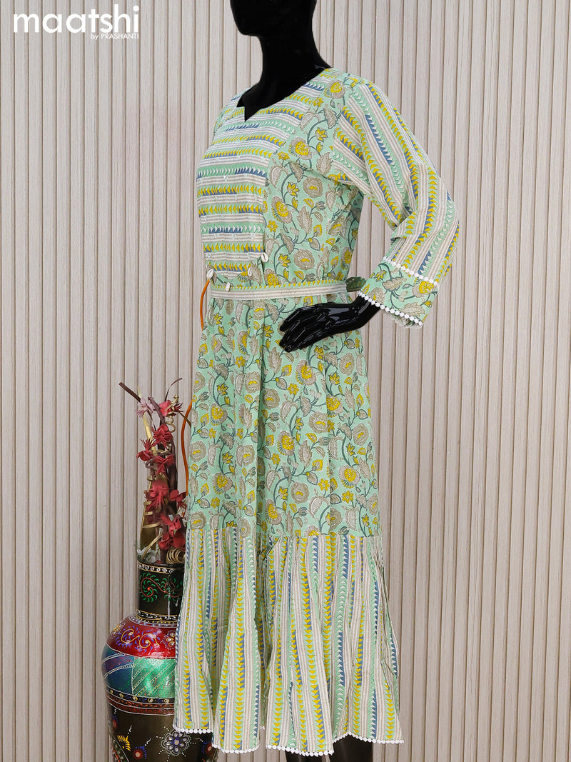 Cotton readymade umbrella kurti teal green with allover prints & sequin work neck pattern without pant