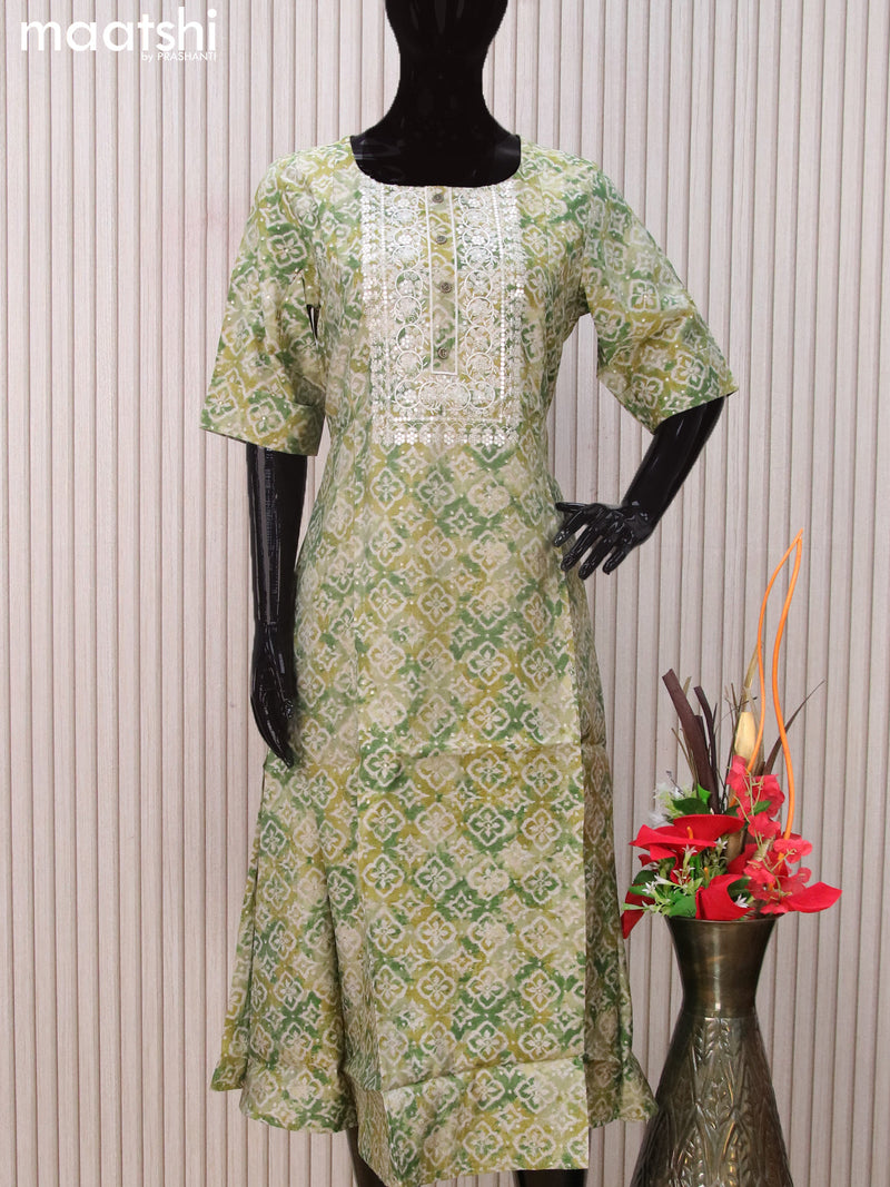 Modal readymade A-line kurti green shade and grey with allover prints & simple neck pattern without pant
