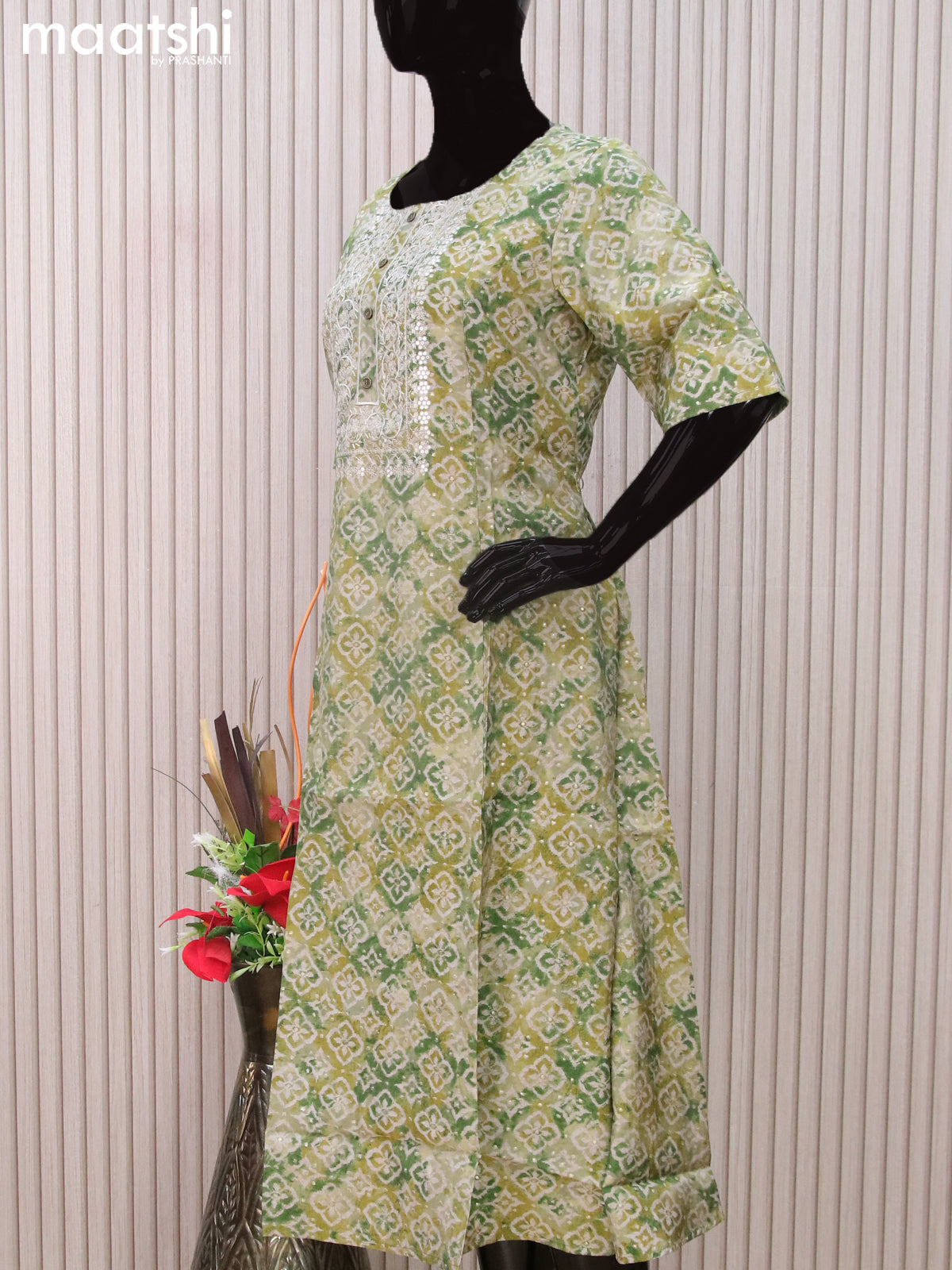 Modal readymade A-line kurti green shade and grey with allover prints & simple neck pattern without pant