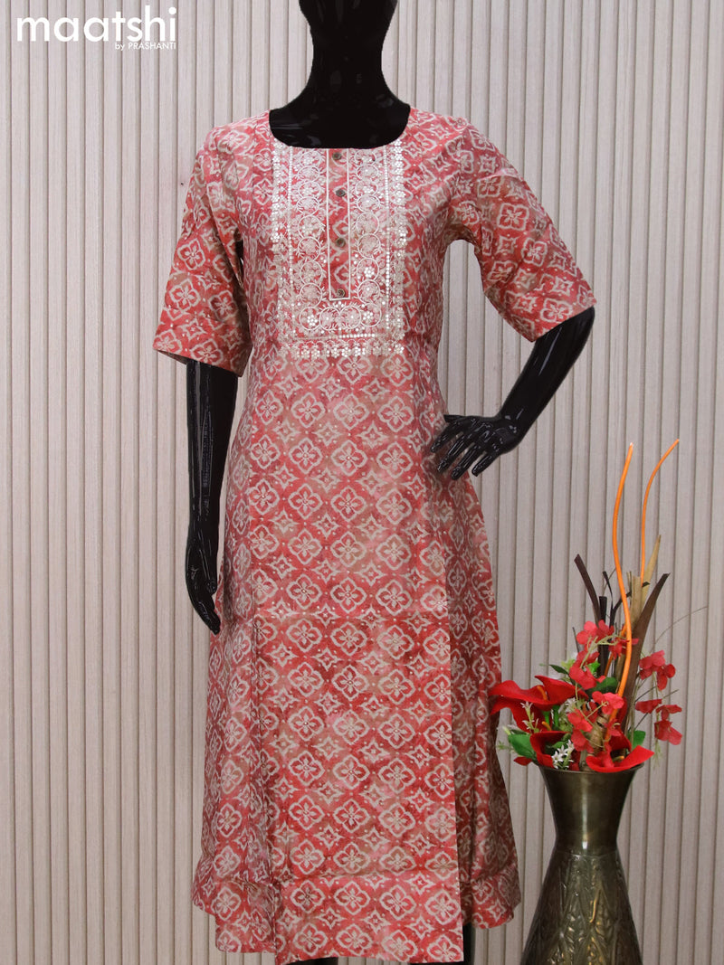 Modal readymade A-line kurti red shade and grey with allover prints & simple neck pattern without pant
