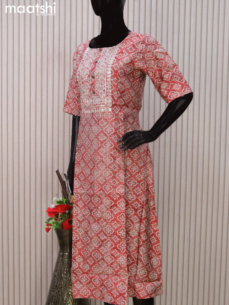 Modal readymade A-line kurti red shade and grey with allover prints & simple neck pattern without pant
