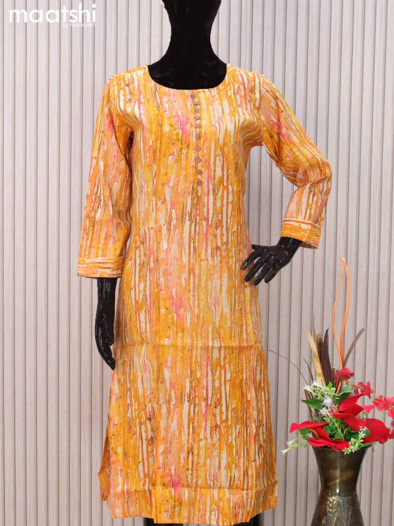 Modal readymade A-line kurti mustard yellow with allover prints & simple neck pattern without pant