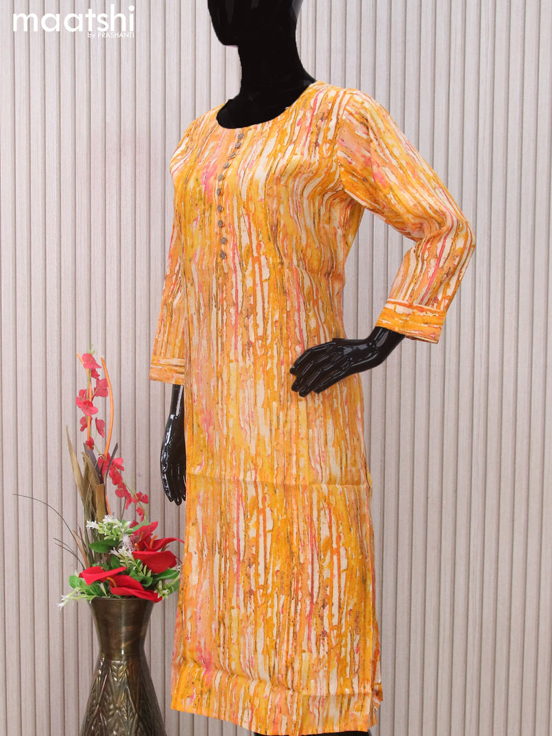 Modal readymade A-line kurti mustard yellow with allover prints & simple neck pattern without pant