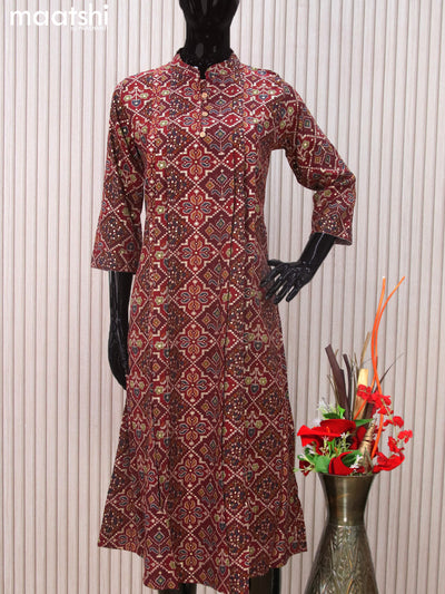 Rayon readymade A-line kurti maroon with allover prints & simple neck pattern without pant