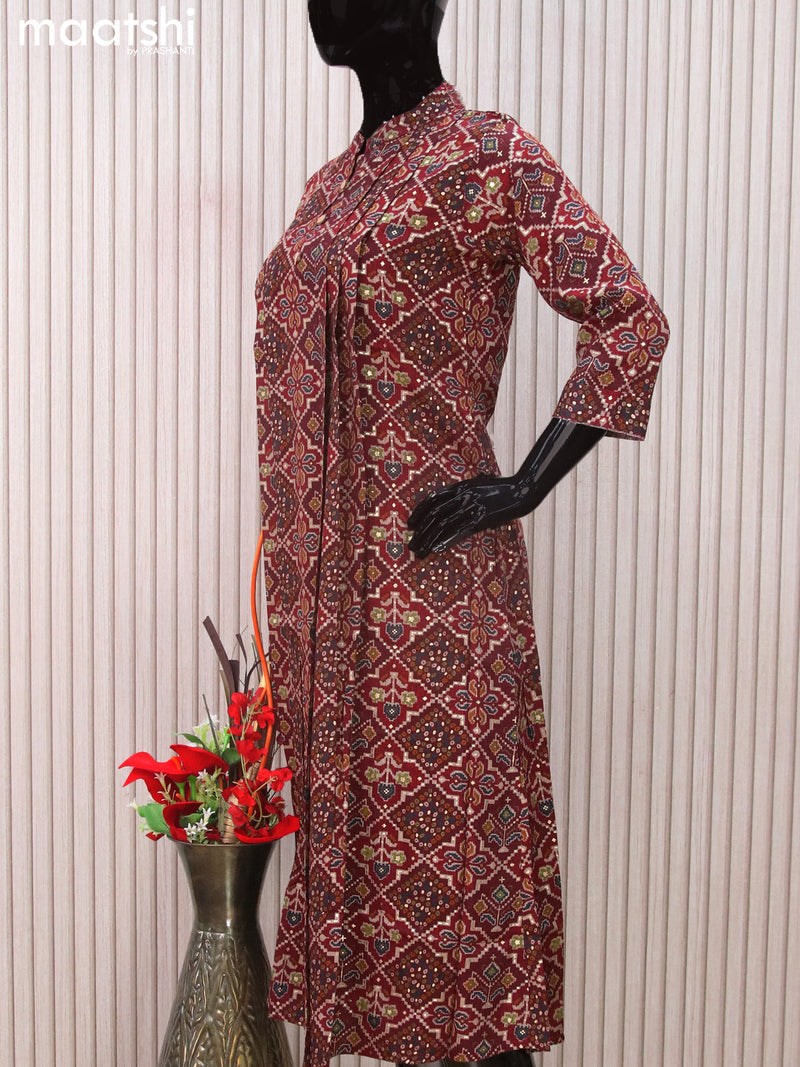 Rayon readymade A-line kurti maroon with allover prints & simple neck pattern without pant