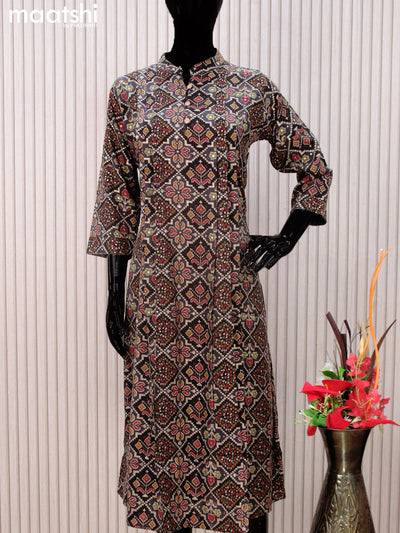 Rayon readymade A-line kurti black with allover prints & simple neck pattern without pant