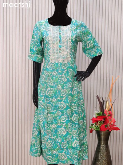 Modal readymade A-line kurti teal blue and grey with allover prints & simple neck pattern without pant
