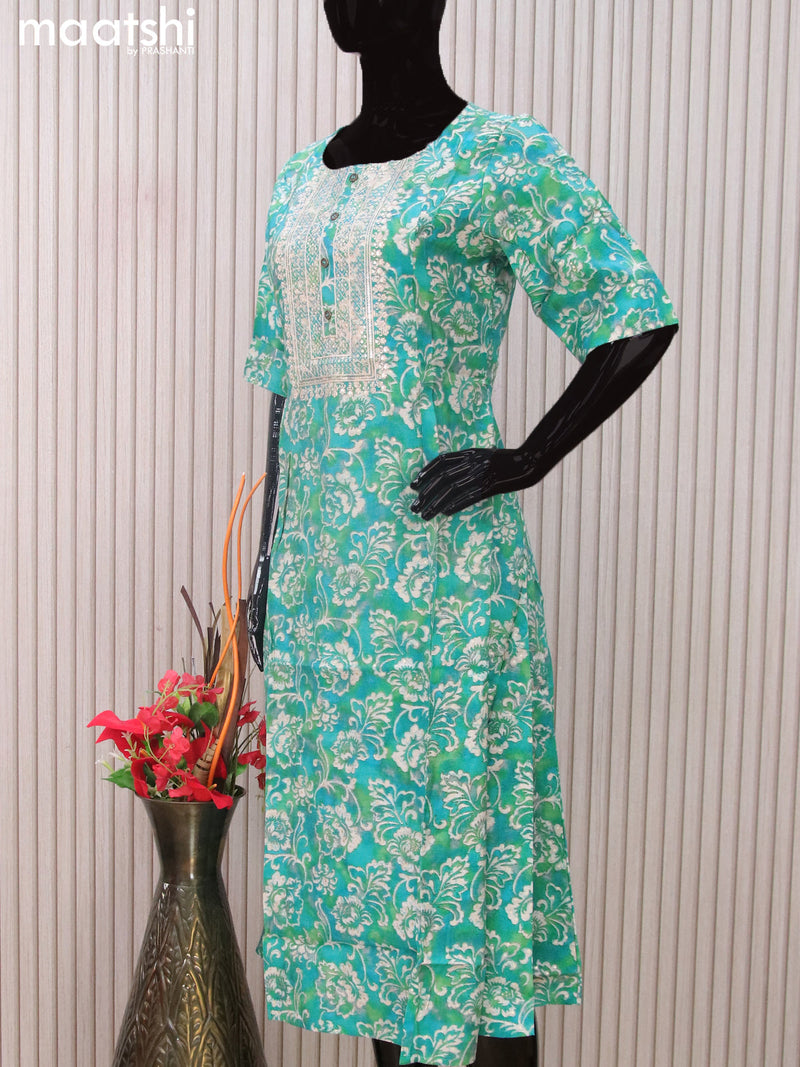 Modal readymade A-line kurti teal blue and grey with allover prints & simple neck pattern without pant