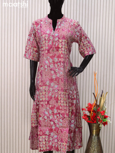 Modal readymade A-line kurti pastel pink with allover prints & simple neck pattern without pant