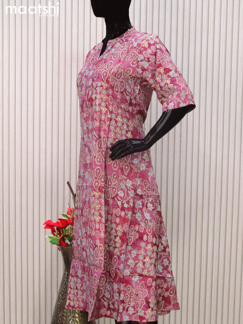 Modal readymade A-line kurti pastel pink with allover prints & simple neck pattern without pant