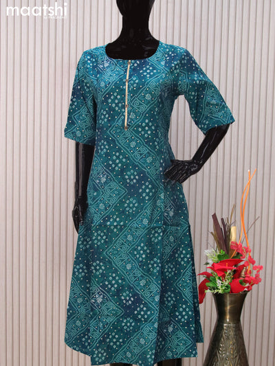 Modal readymade A-line kurti peacock blue with allover prints & simple neck pattern without pant