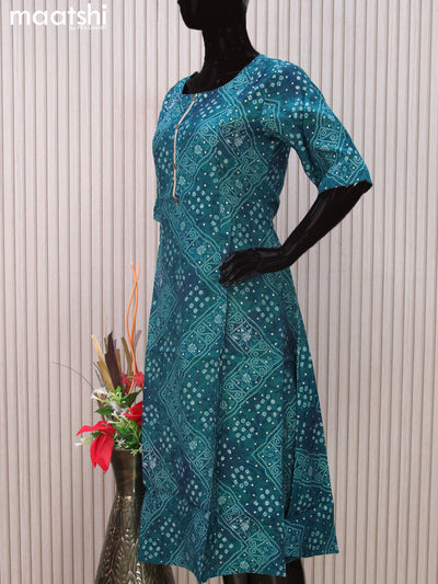 Modal readymade A-line kurti peacock blue with allover prints & simple neck pattern without pant