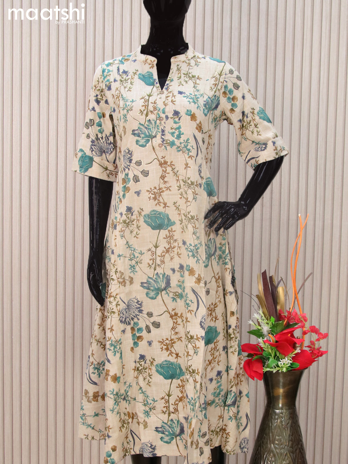 Modal readymade A-line kurti beige with allover floral prints & simple neck pattern without pant
