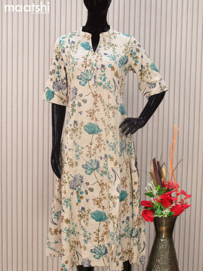 Modal readymade A-line kurti beige with allover floral prints & simple neck pattern without pant