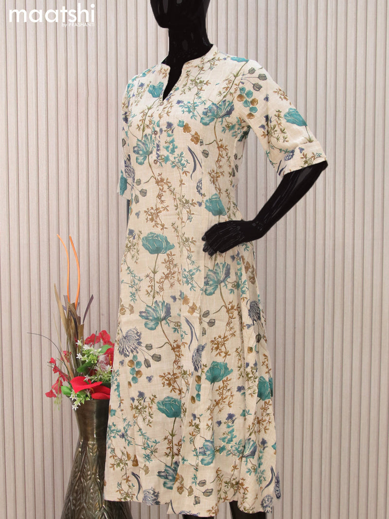 Modal readymade A-line kurti beige with allover floral prints & simple neck pattern without pant