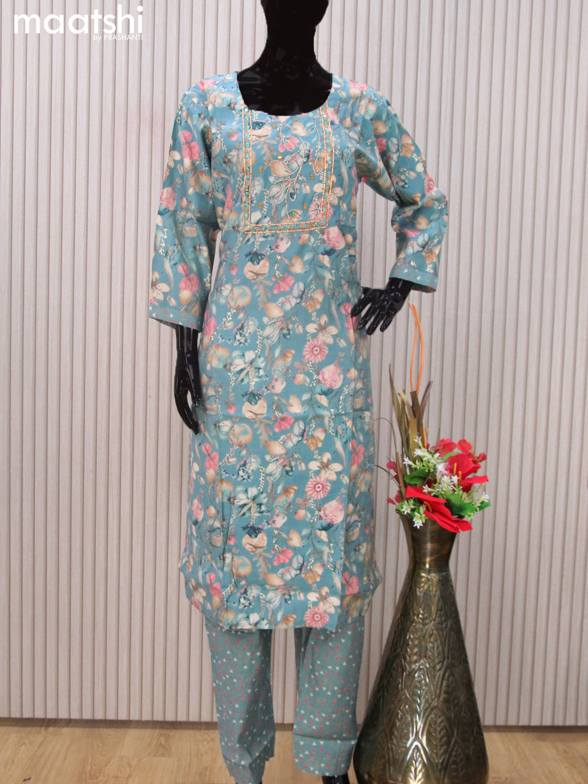 Modal readymade salwar suits pastel blue with allover prints & embroidery mirror work neck pattern and straight cut pant & dupatta