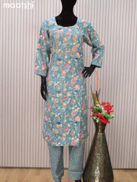 Modal readymade salwar suits pastel blue with allover prints & embroidery mirror work neck pattern and straight cut pant & dupatta