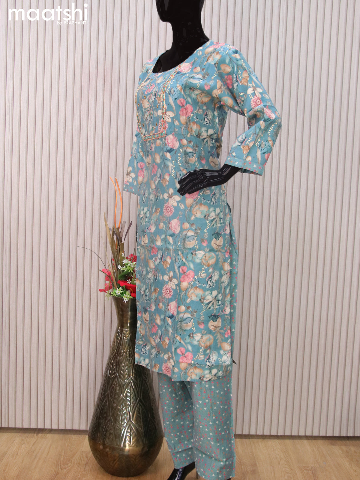 Modal readymade salwar suits pastel blue with allover prints & embroidery mirror work neck pattern and straight cut pant & dupatta