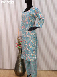 Modal readymade salwar suits pastel blue with allover prints & embroidery mirror work neck pattern and straight cut pant & dupatta