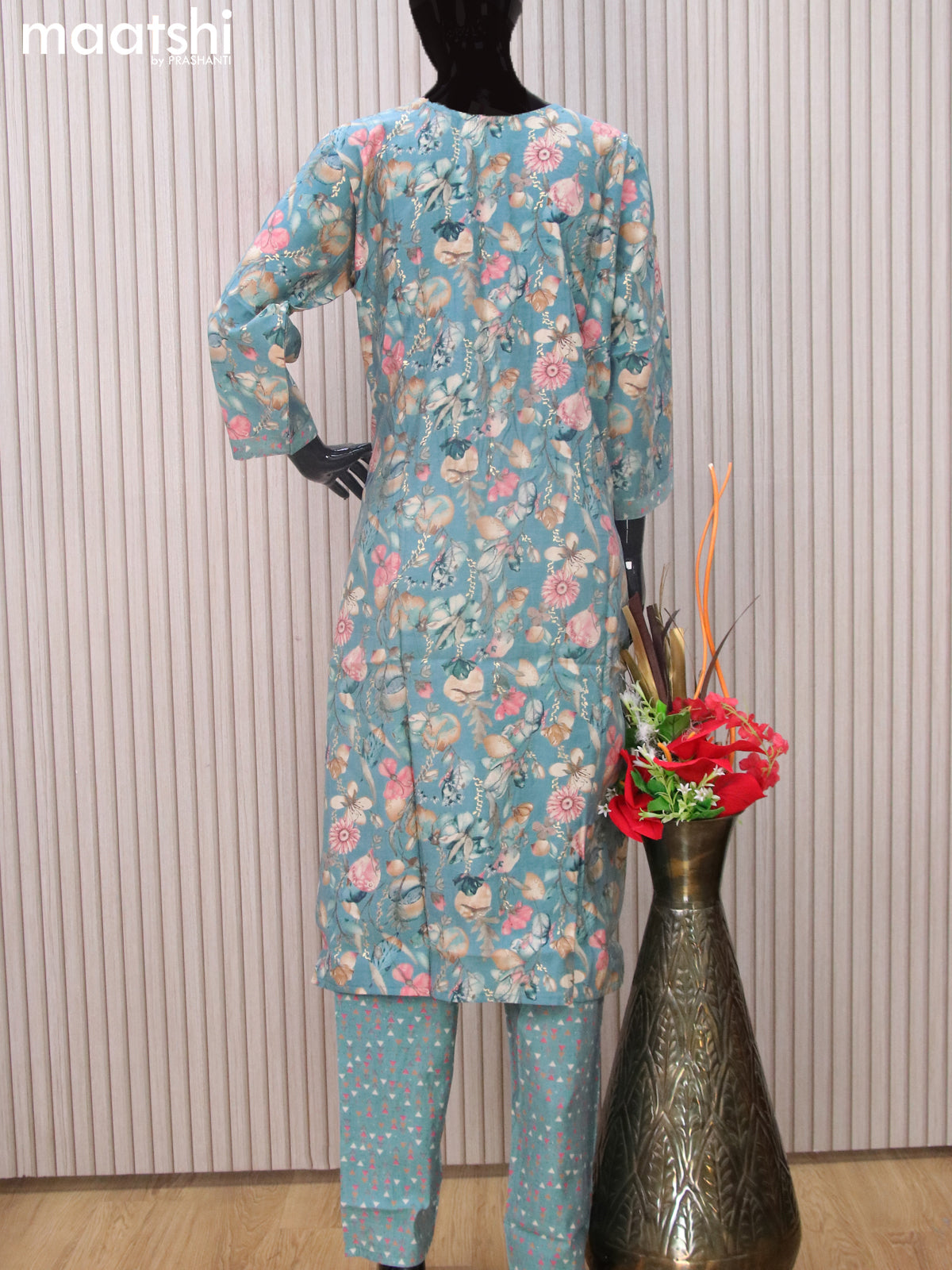 Modal readymade salwar suits pastel blue with allover prints & embroidery mirror work neck pattern and straight cut pant & dupatta