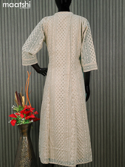 Semi georgette anarkali kurti beige with allover chikankari work & simple neck pattern without pant