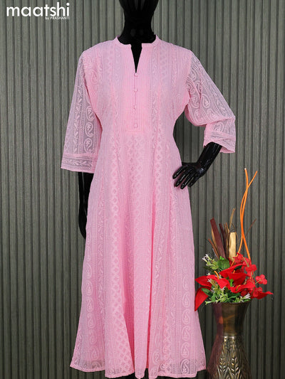 Semi georgette anarkali kurti light pink with allover chikankari work & simple neck pattern without pant