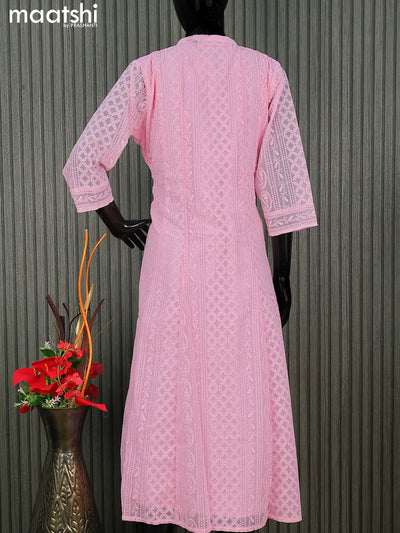 Semi georgette anarkali kurti light pink with allover chikankari work & simple neck pattern without pant