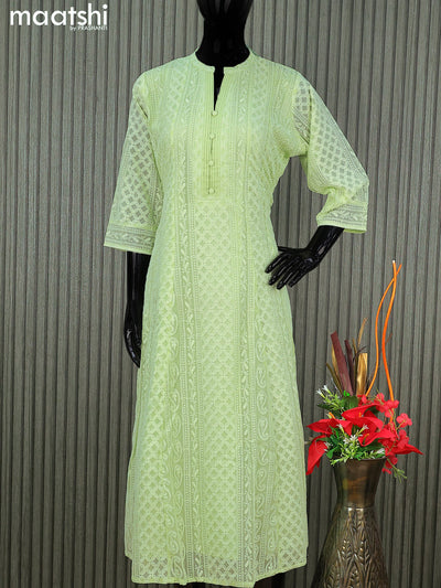 Semi georgette anarkali kurti pista green with allover chikankari work & simple neck pattern without pant