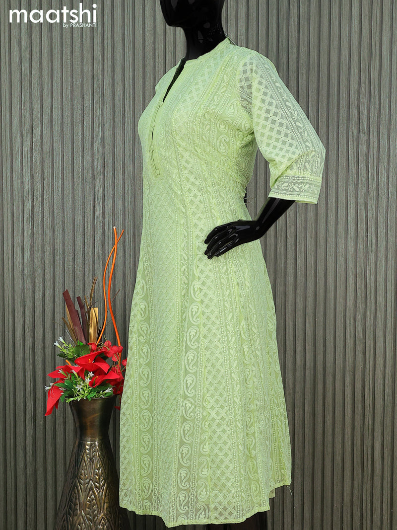 Semi georgette anarkali kurti pista green with allover chikankari work & simple neck pattern without pant