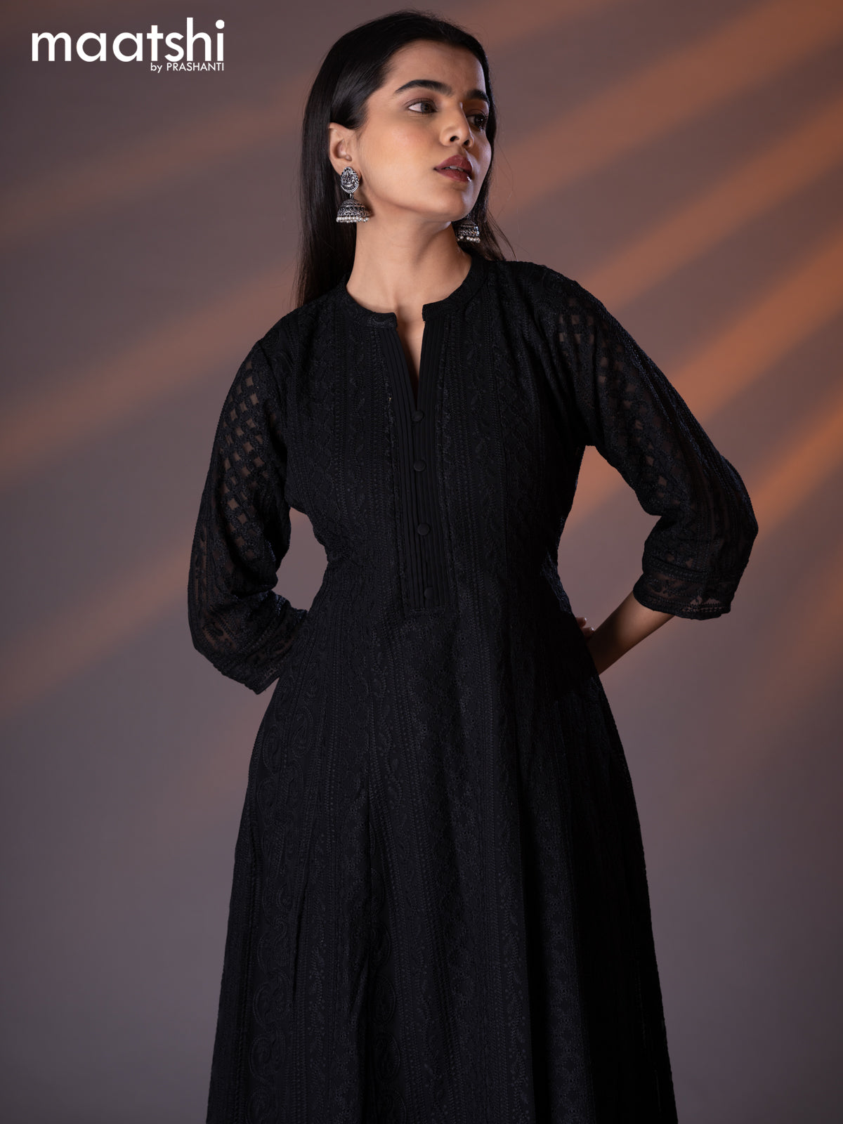 Semi georgette anarkali kurti black with allover chikankari work & simple neck pattern without pant