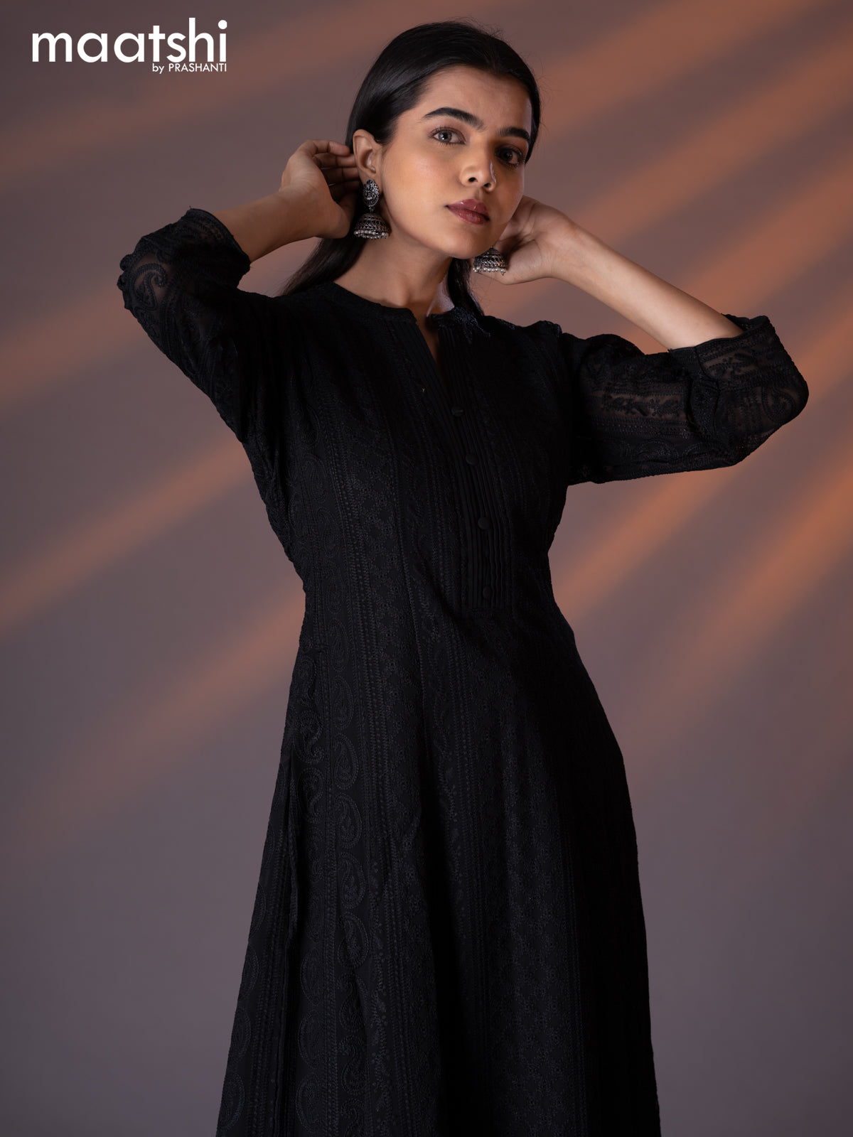 Semi georgette anarkali kurti black with allover chikankari work sim Maatshi