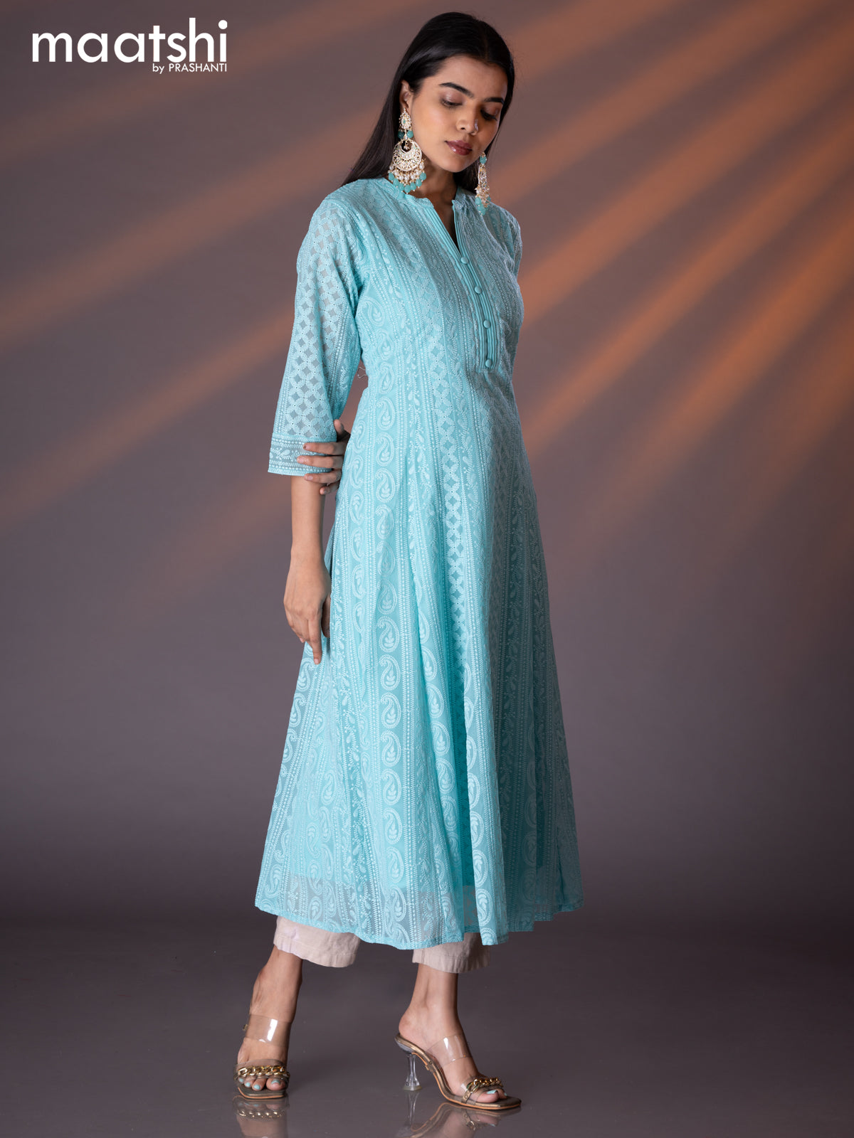Semi georgette anarkali kurti light blue with allover chikankari work & simple neck pattern without pant