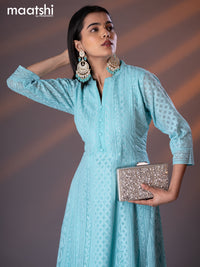 Semi georgette anarkali kurti light blue with allover chikankari work & simple neck pattern without pant