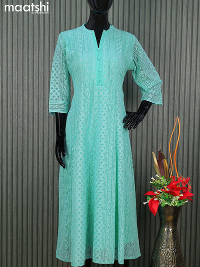 Semi georgette anarkali kurti light blue with allover chikankari work & simple neck pattern without pant