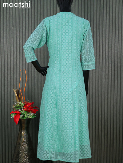 Semi georgette anarkali kurti light blue with allover chikankari work & simple neck pattern without pant