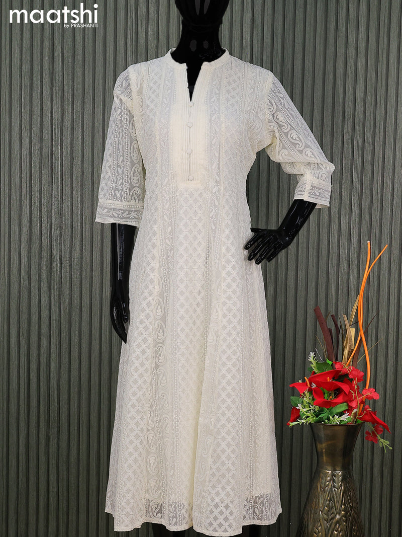 Semi georgette anarkali kurti off white with allover chikankari work & simple neck pattern without pant